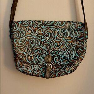 Patricia Nash Floral Embossed Brown and Blue Leather Shoulder Bag